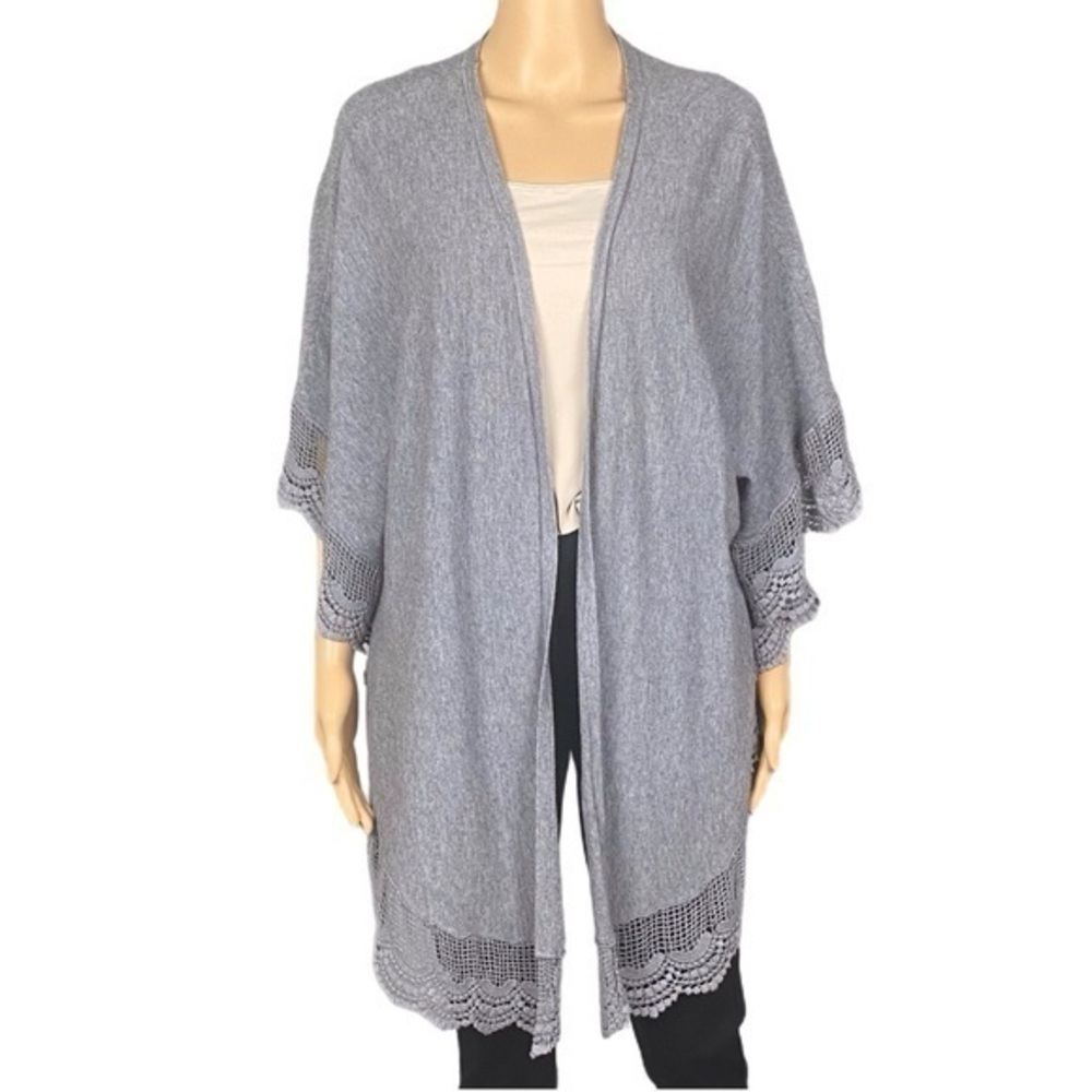 SOFT SURROUNDINGS Open Cardigan Wrap in grey fleece with lace trim One Size EUC